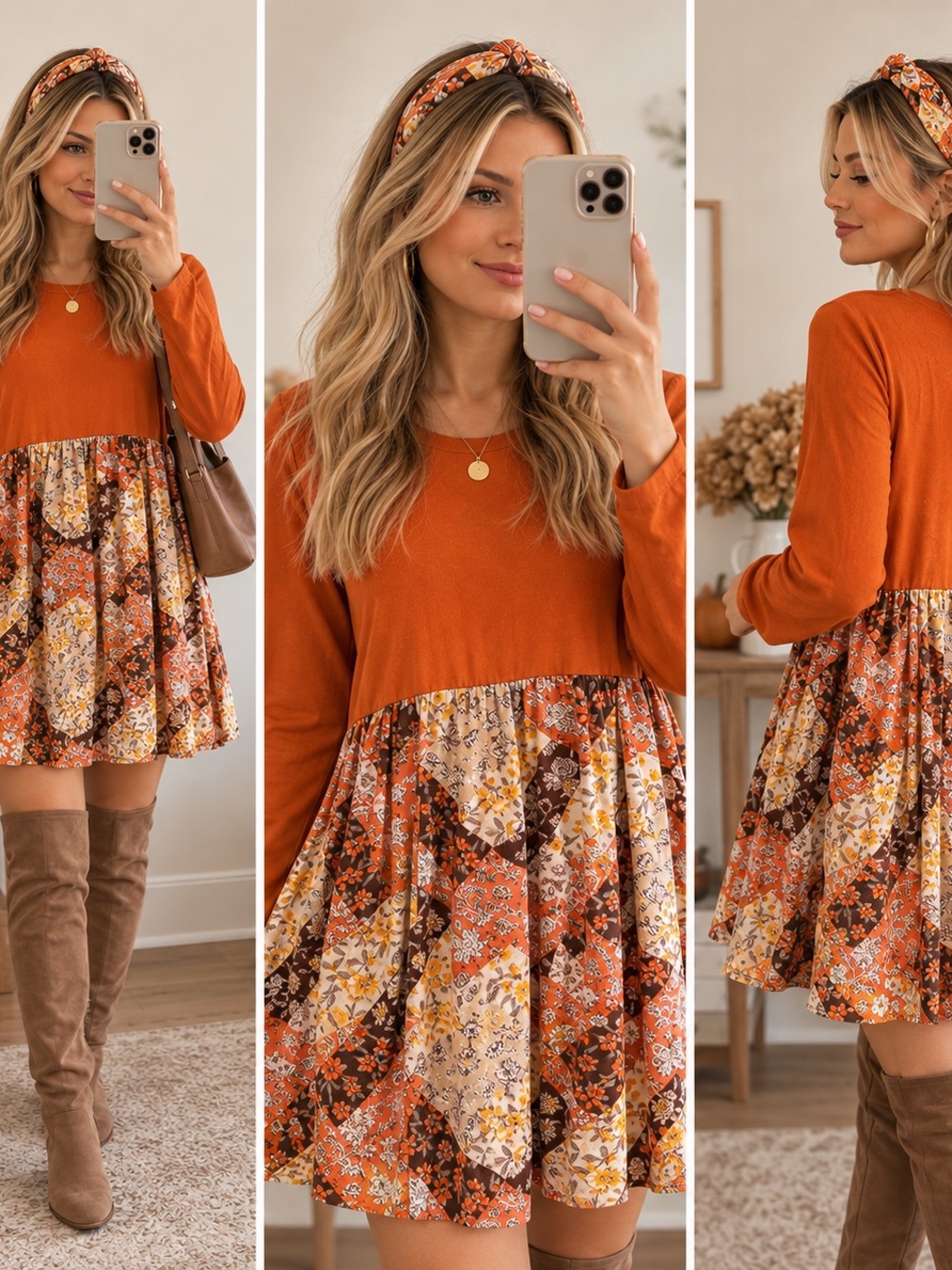 Rust Patchwork Floral Long Sleeve Babydoll Dress